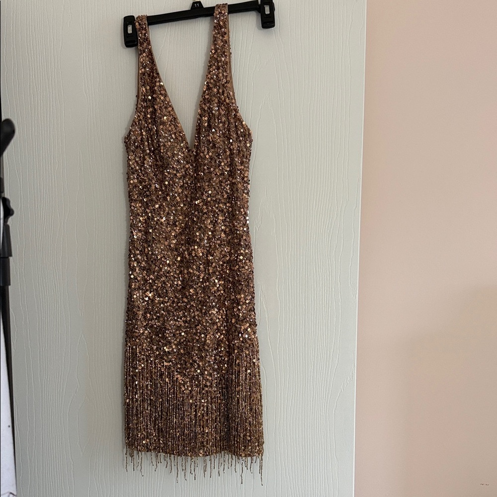 Mac Duggal Bronze Sequin Fringe V-Neck Mini Dress